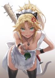 Rule 34 | 1girl, alternate costume, anger vein, apron, bare shoulders, baseball bat, black thighhighs, blonde hair, blush, braid, breasts, broccoli, cleavage, collarbone, fang, fate/apocrypha, fate (series), fork, french braid, green eyes, hair ornament, hair scrunchie, hand on own hip, highres, holding, holding fork, jewelry, leaning forward, long hair, looking at viewer, maid headdress, mordred (fate), mordred (fate/apocrypha), nail, nail bat, necklace, open mouth, parted bangs, ponytail, scrunchie, sidelocks, small breasts, smile, solo, thighhighs, thighs, tonee, white apron, wristband