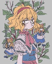 Rule 34 | 1girl, alice margatroid, blue dress, blue eyes, branch, capelet, closed mouth, dress, expressionless, hairband, lolita hairband, looking at viewer, sash, shanghai doll, short hair, slit pupils, smr03, solo, touhou
