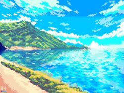 day dirt_road grass highres horizon landscape mountain no_humans ocean original pixel_art plant reflection reflective_water road scenery shore tomoruka_mr water