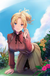 Rule 34 | 1girl, ahoge, all fours, blonde hair, blue eyes, blue sky, blush, breasts, cloud, esozima gari, flower, grass, highres, holding, holding hair, large breasts, looking at viewer, mushoku tensei, ponytail, sky, smile, solo, zenith greyrat