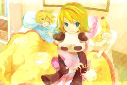 Rule 34 | 1boy, 1girl, ?, aqua eyes, banana, bed, blonde hair, brother and sister, counting sheeps, closed eyes, food, from above, frown, fruit, hug, insomnia, kagamine len, kagamine rin, looking up, lying, miwasiba, on side, open mouth, pajama-kko (vocaloid), pajamas, panda, pillow, sheep, short hair, siblings, sitting, sleeping, smile, stuffed animal, stuffed toy, sweat, teddy bear, twins, vocaloid