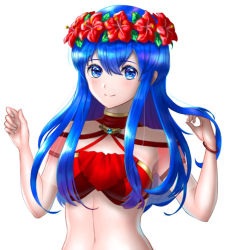 Rule 34 | 1girl, bikini, bikini top only, blue eyes, blue hair, bracelet, breasts, closed mouth, fire emblem, fire emblem: the binding blade, flower, hair between eyes, hair flower, hair ornament, head wreath, hibiscus, jewelry, lilina (fire emblem), lilina (summer) (fire emblem), long hair, looking at viewer, medium breasts, navel, nintendo, red bikini, red flower, simple background, smile, solo, swimsuit, uni (uni9248), upper body, white background