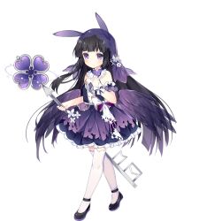 Rule 34 | 1girl, abaddon (ark order), animal ears, ark order, bare shoulders, black footwear, black hair, blunt bangs, bow, bug, detached sleeves, dress, dress bow, fake animal ears, feathered wings, flower, frilled dress, frills, full body, hair bow, hair ornament, hairclip, hime cut, holding, holding key, key, layered dress, long hair, looking at viewer, low wings, official art, oversized object, purple bow, purple dress, purple eyes, purple wings, see-through, short sleeves, sidelocks, solo, tachi-e, thighhighs, transparent background, tsukimi (xiaohuasan), variant set, veil, very long hair, white bow, white flower, white thighhighs, wings, wrist cuffs