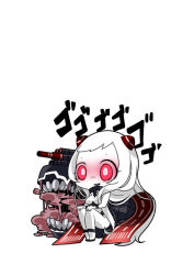 Rule 34 | 10s, 1girl, abyssal ship, airfield princess, chibi, glowing, glowing eyes, horns, kantai collection, kayama benio, long hair, monster, open mouth, personification, red eyes, sitting, solo, turret, white hair