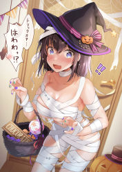Rule 34 | !, !!, 1girl, ^^^, basket, black hair, black hat, blue eyes, blush, breasts, candy, cleavage, collarbone, flying sweatdrops, food, green nails, hair between eyes, halloween, hat, highres, indoors, jack-o&#039;-lantern, large breasts, lollipop, looking at viewer, multicolored nails, mummy costume, nail polish, original, pennant, purple nails, shiro kuma shake, silk, solo, spider web, string of flags, swirl lollipop, translation request, wardrobe malfunction, witch hat