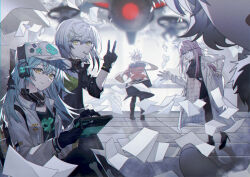 Rule 34 | 1boy, 4girls, absurdres, antonina (neural cloud), aqua hair, baseball cap, black gloves, black jacket, blonde hair, boots, breasts, candy, closed mouth, commentary request, croque (neural cloud), food, from behind, from side, full body, girls&#039; frontline neural cloud, gloves, grey hair, hair between eyes, hair ornament, hairclip, hat, headphones, high heel boots, high heels, highres, holding, jacket, lab coat, large breasts, lollipop, long hair, looking at viewer, mask, mask around neck, medium hair, multiple girls, open mouth, orange jacket, paper, persicaria (neural cloud), ponytail, simo (neural cloud), sol (neural cloud), standing, sye, v, waving, white headwear, white jacket, yellow eyes