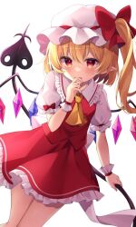 Rule 34 | 1girl, ascot, blonde hair, commentary request, crystal, fang, finger to mouth, flandre scarlet, hat, laevatein (touhou), looking at viewer, medium hair, miy@, mob cap, red eyes, red skirt, side ponytail, simple background, skirt, solo, standing, touhou, white background, white hat, yellow ascot