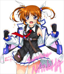 Rule 34 | 1girl, artist name, black gloves, blue eyes, blush, breasts, brown hair, dated, fingerless gloves, gloves, hair ribbon, highres, looking at viewer, lyrical nanoha, mahou shoujo lyrical nanoha, mahou shoujo lyrical nanoha a&#039;s, miniskirt, open mouth, ribbon, san-pon, simple background, skirt, small breasts, smile, solo, takamachi nanoha, twintails, white background, white skirt