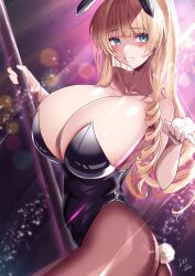 Rule 34 | 1girl, absurdres, animal ears, black leotard, black pantyhose, blonde hair, blue eyes, blush, breasts, character request, commentary request, drill hair, fake animal ears, fake tail, goddess of victory: nikke, highres, holding, holding pole, huge breasts, lee-taro, leotard, pantyhose, playboy bunny, pole, rabbit ears, stripper pole, tail