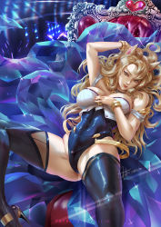 Rule 34 | 1girl, ahri (league of legends), animal ears, arm up, bad id, bad pixiv id, bare shoulders, black thighhighs, blonde hair, bracelet, breasts, chair, covered navel, crystal, facial mark, fox ears, gem, heart, high heels, jewelry, kitsune, league of legends, leotard, long hair, lying, nail polish, on back, parted lips, red lips, red nails, signature, slit pupils, smile, solo, sparkle, spread legs, supullim, tail, thighhighs, whisker markings, yellow eyes