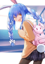 Rule 34 | 1girl, absurdres, alternate costume, animal bag, animal ear fluff, animal ears, backpack, bag, blue hair, bow, braid, brown eyes, brown pantyhose, cowboy shot, day, hair bow, highres, hololive, indoors, kutar22, looking at viewer, looking back, multicolored hair, open mouth, pantyhose, pink bag, plaid, plaid skirt, rabbit ears, rabbit girl, rabbit tail, railing, school, school uniform, sidelocks, skirt, sleeves past wrists, solo, stairs, stairwell, sweater, tail, twin braids, twintails, two-tone hair, usada pekora, virtual youtuber, white hair, window