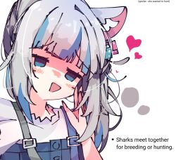 Rule 34 | 1girl, animal ear fluff, animal ears, blue eyes, blue hair, blunt bangs, blush, buttons, cat ears, commentary, dice hair ornament, empty eyes, english commentary, english text, frilled sleeves, frills, gawr gura, gawr gura (casual), grey hair, hair ornament, hand on own face, hand up, heart, heart-shaped pupils, highres, hololive, hololive english, kemonomimi mode, koyoinacho, looking at viewer, medium hair, multicolored hair, official alternate costume, one side up, open mouth, pink pupils, shaded face, shark girl, shirt, short sleeves, sidelocks, simple background, solo, streaked hair, suspenders, sweatdrop, symbol-shaped pupils, triangle mouth, upper body, virtual youtuber, white background, white shirt