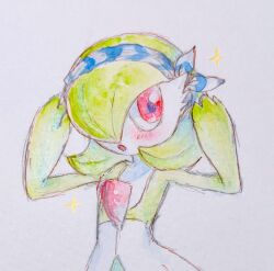 Rule 34 | 1girl, arms up, blue hairband, blush, bob cut, butter (oshi8kyoumoh), colored skin, creatures (company), female focus, flat chest, game freak, gardevoir, gen 3 pokemon, green hair, green skin, hair over one eye, hairband, multicolored skin, nintendo, one eye covered, open mouth, painting (medium), pokemon, pokemon (creature), red eyes, short hair, simple background, sketch, solo, sparkle, standing, striped clothes, striped hairband, traditional media, two-tone skin, upper body, watercolor (medium), white background, white skin