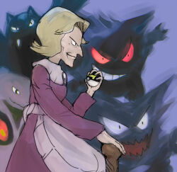 1girl agatha_(pokemon) apron aquiline_nose arbok black_eyes blonde_hair byte_(grunty-hag1) cane creatures_(company) dress game_freak gen_1_pokemon gengar golbat haunter holding holding_poke_ball long_nose long_sleeves nintendo nose old old_woman open_mouth poke_ball pokemon pokemon_(creature) pokemon_frlg purple_background purple_dress red_eyes standing ultra_ball waist_apron