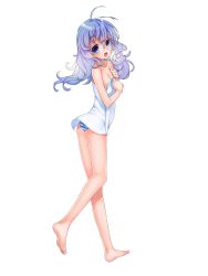 Rule 34 | 1girl, absurdres, artist request, barefoot, blue eyes, breasts, cleavage, full body, glasses, highres, light purple hair, long hair, open mouth, panties, rimless eyewear, simple background, small breasts, solo, striped clothes, striped panties, the last summoner, towel, underwear, white background