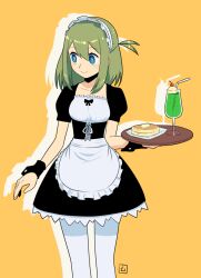 Rule 34 | 1girl, alternate costume, apron, bendy straw, black dress, blue eyes, breasts, closed mouth, collarbone, cup, dress, drinking glass, drinking straw, drop shadow, enmaided, food, frilled apron, frills, hair between eyes, holding, holding tray, looking away, looking to the side, maid, maid headdress, muu (mumumer), orange background, original, pancake, pantyhose, puffy short sleeves, puffy sleeves, short sleeves, simple background, small breasts, smile, solo, standing, tray, waist apron, white apron, white pantyhose, wrist cuffs, yunomiya agari