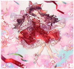 Rule 34 | 1girl, :o, ascot, bow, branch, brown hair, cherry blossoms, commentary, detached sleeves, floral print, frilled bow, frilled hair tubes, frilled skirt, frills, full body, hair bow, hair tubes, hakurei reimu, holding, knees together feet apart, long hair, looking at viewer, midriff peek, pink eyes, red bow, red shirt, red skirt, ribbon-trimmed sleeves, ribbon trim, sandals, shionty, shirt, sidelocks, skirt, solo, tabi, touhou, wide sleeves