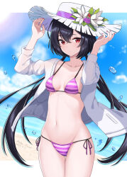 Rule 34 | 1girl, beach, bikini, black hair, blue sky, breasts, character name, chinese commentary, cloud, commentary request, counter:side, flower, hat, hat flower, highres, horizon, jacket, lily (counter:side), long hair, low twintails, neko huan, ocean, open clothes, open jacket, purple bikini, red eyes, side-tie bikini bottom, sky, small breasts, solo, striped bikini, striped clothes, swimsuit, twintails, water drop, white hat, white jacket