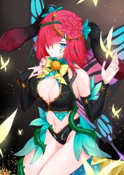 Rule 34 | 1girl, absurdres, animal ears, bare shoulders, black bridal gauntlets, blue eyes, breasts, bridal gauntlets, butterfly wings, commission, fire emblem, fire emblem heroes, flower, hair flower, hair ornament, hair vines, highres, insect wings, large breasts, looking at viewer, nail polish, navel, nintendo, official alternate costume, plant, purple hair, rabbit ears, red nails, second-party source, skeb commission, triandra (fire emblem), triandra (spring) (fire emblem), vines, waka (shark waka), wings