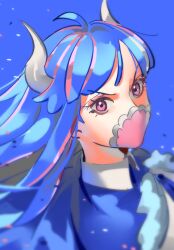 Rule 34 | 1girl, ahoge, blue cape, blue hair, cape, close-up, eyelashes, horns, long hair, looking at viewer, mask, mouth mask, multicolored hair, one piece, pink eyes, pink hair, profile, raine (acke2445), sky, solo, streaked hair, ulti (one piece)