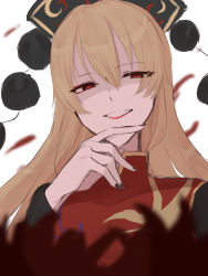 Rule 34 | 1girl, black dress, black hat, blonde hair, breasts, chinese clothes, closed mouth, commentary request, crescent, dress, eyes visible through hair, fingernails, grey nails, hair between eyes, hand on own face, hand up, hat, highres, junko (touhou), long fingernails, long hair, long sleeves, looking at viewer, medium breasts, nail polish, nano popo02, one-hour drawing challenge, phoenix crown, pom pom (clothes), red eyes, shaded face, simple background, smile, smug, solo, tabard, teeth, touhou, upper body, white background, wide sleeves