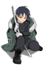Rule 34 | 10s, 1girl, aged down, between legs, black eyes, black footwear, black hair, black pants, boots, buttons, child, closed mouth, double-breasted, full body, gloves, holding, holding sword, holding weapon, jacket, jacket on shoulders, male focus, nod6125, pants, pants tucked in, shinoda masafumi, simple background, sitting, smile, solo, sword, weapon, white background, white gloves, world trigger
