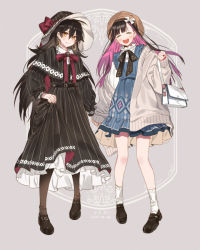 Rule 34 | 2girls, :d, bag, bare legs, belt, black belt, black dress, black footwear, black hair, black headwear, blue dress, blunt bangs, bow, bowtie, brown headwear, brown pantyhose, buckle, closed eyes, closed mouth, clothes lift, collared dress, colored inner hair, dated, diamond (shape), dot nose, dress, dress lift, earrings, empew, flower, frilled dress, frills, grey background, hair between eyes, hat, hat bow, hat flower, holding, holding bag, holding hands, jewelry, lifted by self, loafers, long hair, looking at viewer, loose socks, mary janes, multicolored hair, multiple girls, open mouth, original, pantyhose, pink hair, red bow, red bowtie, shoes, smile, socks, standing, striped clothes, striped dress, teeth, two-tone hair, upper teeth only, white bag, white flower, white socks, yellow eyes