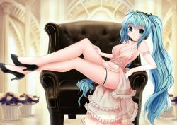 Rule 34 | 1girl, aqua eyes, aqua hair, breasts, cleavage, couch, crossed legs, dress, elbow gloves, evening gown, gloves, hatsune miku, headphones, high heels, highres, large breasts, bridal garter, legs, long hair, long legs, looking at viewer, sitting, solo, thighs, twintails, very long hair, vocaloid, zheyi parker