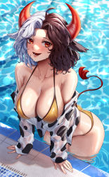 Rule 34 | 1girl, animal ears, animal print, arched back, artist name, ass, bare shoulders, bikini, breasts, brown hair, collarbone, commentary, cow ears, cow horns, cow print, cow tail, english commentary, enma (enmanuelart), grey hair, hanging breasts, highres, horns, large breasts, long sleeves, looking at viewer, medium hair, multicolored hair, open mouth, parted bangs, pool, sleeves past wrists, smile, solo, swimsuit, tail, tail raised, thighs, touhou, two-tone hair, ushizaki urumi, water, wet, yellow bikini