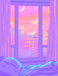 Rule 34 | absurdres, architecture, bed, bed sheet, bedroom, bird, building, cellphone, cityscape, curtains, glowing, gradient sky, highres, indoors, neon palette, no humans, orange sky, original, owakita, phone, pillow, pink curtains, pink sky, power lines, purple theme, scenery, sky, skyline, skyscraper, sunset, utility pole, window