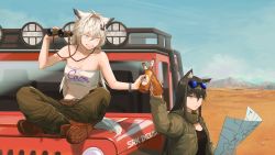 Rule 34 | 2girls, alternate costume, animal ears, arknights, baichuanxing pigeon, bandeau, bare shoulders, beer bottle, binoculars, black hair, black pants, black shirt, blue eyes, boots, bottle, brown footwear, commentary, eyewear on head, grey jacket, grin, hair ornament, hairclip, hand up, highres, holding, holding bottle, indian style, jacket, lappland (arknights), long hair, map, midriff, multiple girls, navel, outdoors, pants, scar, scar across eye, scar on face, shirt, silver hair, sitting, smile, sports utility vehicle, stomach, strapless, sunglasses, tail, texas (arknights), toasting (gesture), tube top, wolf ears, wolf tail