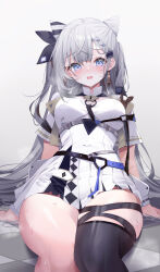 Rule 34 | 1girl, black thighhighs, blue eyes, blush, breasts, commentary, covered navel, deyui, dress, english commentary, frown, grey hair, highres, hololive, hololive indonesia, large breasts, lock, long hair, looking at viewer, open mouth, pleated dress, single thighhigh, sitting, solo, steam, steaming body, sweat, thick thighs, thighhighs, thighs, vestia zeta, virtual youtuber, white dress