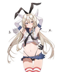 Rule 34 | 1girl, absurdres, anchor symbol, animal ears, arms up, black panties, blue sailor collar, blue skirt, commentary request, cowboy shot, crop top, elbow gloves, fake animal ears, gloves, gluteal fold, grey eyes, hair between eyes, highleg, highleg panties, highres, kantai collection, long hair, looking at viewer, microskirt, midriff, navel, panties, pleated skirt, rabbit ears, rabbit pose, rensouhou-chan, sailor collar, shimakaze (kancolle), shin no tenpii, shirt, simple background, skirt, solo, standing, striped clothes, striped thighhighs, thigh gap, thighhighs, underwear, very long hair, white background, white gloves, white hair, white shirt