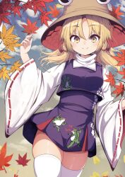 Rule 34 | 1girl, animal print, autumn, autumn leaves, blonde hair, blurry, blurry foreground, breasts, brown hat, cloud, cowboy shot, darumoon, day, falling leaves, frog print, hat, highres, holding, holding leaf, leaf, leaf background, light blush, long sleeves, looking at viewer, maple leaf, miniskirt, moriya suwako, nature, outdoors, parted bangs, purple skirt, purple vest, red ribbon, ribbon, ribbon-trimmed sleeves, ribbon trim, shirt, sidelocks, skindentation, skirt, skirt set, small breasts, smile, snake print, solo, split mouth, standing, thick thighs, thighhighs, thighs, touhou, turtleneck, vest, white thighhighs, wide sleeves, yellow eyes, zettai ryouiki