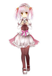 Rule 34 | 10s, 1girl, absurdres, alternate costume, bad id, bad pixiv id, cross, cross necklace, gyaza, heart, heart hands, highres, jewelry, kaname madoka, mahou shoujo madoka magica, mahou shoujo madoka magica (anime), maid headdress, necklace, pantyhose, pink hair, short twintails, solo, striped, twintails, vertical stripes, yellow eyes