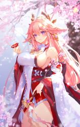 Rule 34 | 1girl, alcohol, bad id, bad twitter id, breasts, cherry blossoms, closed mouth, cup, detached sleeves, genshin impact, hair between eyes, highres, holding, holding cup, large breasts, light smile, long hair, looking at viewer, mushroommirror, nontraditional miko, petals, pink hair, purple eyes, sake, smile, solo, wide sleeves, yae miko