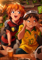 Rule 34 | 1boy, 1girl, 2014 fifa world cup, alcohol, anus, ball, bar (place), beer, beer bottle, bird, blue eyes, brazilian flag, brown eyes, brown hair, chicken, cockfighting, covering own ears, glass bottle, highres, ikari shinji, imminent hit, khyle., motion lines, neon genesis evangelion, orange hair, penguin, penpen, rooster, shirt, soccer ball, soccer uniform, souryuu asuka langley, sportswear, striped clothes, striped shirt, television, troll face, world cup