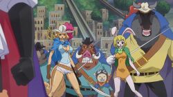 Rule 34 | 2girls, 5boys, :&lt;, animal ears, blonde hair, breasts, cape, carrot (one piece), covered erect nipples, curvy, dog ears, dog girl, fighting stance, furry, furry female, highres, holding, holding sword, holding weapon, large breasts, long hair, looking at another, looking at viewer, mink tribe, multiple boys, multiple girls, no humans, one piece, rabbit ears, rabbit girl, screencap, simple background, standing, sword, toei animation, wanda (one piece), weapon, wide hips