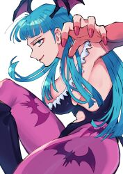 Rule 34 | 1girl, animal print, aqua eyes, aqua hair, armpits, bat print, black footwear, black leotard, boots, breasts, head wings, highres, large breasts, leotard, long hair, looking at viewer, morrigan aensland, oushiza towel, pantyhose, print pantyhose, red nails, simple background, smile, solo, strapless, strapless leotard, thighs, vampire (game), white background, wings