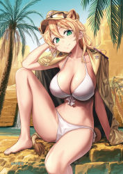 Rule 34 | 1girl, animal ears, april, bare legs, barefoot, bikini, blonde hair, breasts, cleavage, closed mouth, day, front-tie bikini top, front-tie top, green eyes, hair between eyes, halterneck, hannelore kummel, hat, himura kiseki, jacket, jacket on shoulders, large breasts, leg up, lion ears, lion tail, looking at viewer, medium hair, military hat, navel, outdoors, palm tree, side-tie bikini bottom, sitting, smile, solo, strike witches (lionheart witch), string bikini, swimsuit, tail, tree, white bikini, world witches series