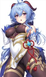 Rule 34 | 1girl, ahoge, bell, blue hair, bodystocking, bodysuit, breasts, brown bodysuit, cameltoe, cleft of venus, colored tips, commentary request, covered erect nipples, cowbell, cowboy shot, detached sleeves, ganyu (genshin impact), genshin impact, gloves, goat horns, gold trim, hair between eyes, horns, lambda (kusowarota), leotard, leotard under clothes, long hair, looking at viewer, low ponytail, medium breasts, multicolored hair, neck bell, open mouth, purple eyes, simple background, solo, standing, vision (genshin impact), white background, white sleeves