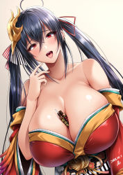 Rule 34 | 1girl, ahoge, azur lane, bare shoulders, between breasts, black hair, blush, bottle, breasts, cleavage, collarbone, dated, eyelashes, floral print, hair between eyes, hair ornament, hair ribbon, highres, huge breasts, japanese clothes, kimono, long hair, looking at viewer, obi, off shoulder, open mouth, red eyes, red kimono, ribbon, sash, simple background, smile, solo, taihou (azur lane), translation request, twintails, very long hair, wide sleeves, yoohi