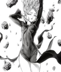Rule 34 | 1girl, arm behind head, arms up, black dress, breasts, covered navel, curly hair, dress, eyelashes, floating, floating clothes, floating hair, long sleeves, looking down, murata yuusuke, official art, one-punch man, pelvic curtain, rock, skin tight, small breasts, solo, tatsumaki, telekinesis, thighs