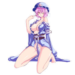 Rule 34 | 1girl, absurdres, bad id, bad pixiv id, barefoot, breasts, censored, cleavage, convenient censoring, female focus, hat, highres, japanese clothes, large breasts, one eye closed, pink hair, red eyes, saigyouji yuyuko, short hair, solo, touhou, wink, yamane akira