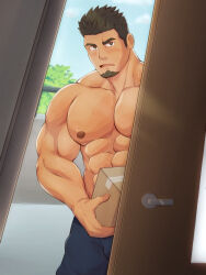 Rule 34 | abs, absurdres, apartment, bara, black hair, blue pants, blush, box, brown eyes, bulge, collarbone, cowboy shot, delivery, door, facial hair, goatee, highres, holding, holding box, kareraisu, large pectorals, looking at viewer, male focus, muscular, muscular male, nipples, open mouth, opening door, original, pants, pectorals, short hair, sweat, tan, topless male