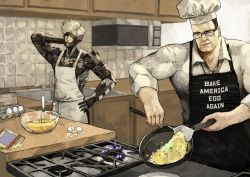 Rule 34 | 2boys, absurdres, awkward, baking, black eyes, black hair, blue eyes, chef, chef hat, chef, commentary, confused, cooking, cyborg, egg, english commentary, english text, eyepatch, food, grey hair, hat, highres, make america great again, male focus, meme, metal gear (series), metal gear rising: revengeance, multiple boys, muscular, omelet, parody, raiden (metal gear), shirt, short hair, steven armstrong, subakeye, toned, toned male, white hair