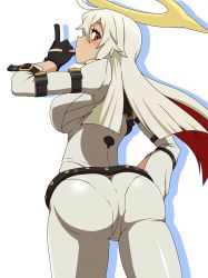 Rule 34 | 1girl, ahoge, arc system works, artist request, ass, belt, blush, bodysuit, breasts, candy, food, from behind, gloves, guilty gear, guilty gear xrd, guilty gear xrd: revelator, halo, huge ass, jack-o&#039; valentine, large breasts, lollipop, long hair, looking back, multicolored hair, pantylines, platinum blonde hair, red eyes, red hair, shadow, shiny clothes, sideboob, simple background, skin tight, solo, very long hair, white background