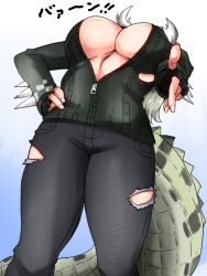 Rule 34 | 1girl, black gloves, black pants, breasts, commentary request, crocodilian tail, feet out of frame, fingerless gloves, fingernails, gloves, green hair, green jacket, hand on own hip, highres, huge breasts, isna (footprintsofisna), jacket, kemono friends, leaning back, long hair, long sleeves, multicolored hair, no bra, outstretched arm, pants, parody, partially unzipped, pointing, pointing at viewer, saltwater crocodile (kemono friends), solo, spikes, standing, stomach, tail, torn clothes, torn pants, two-tone hair, white hair, zipper, zipper pull tab