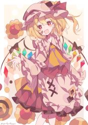 Rule 34 | 1girl, absurdres, apron, bad id, bad pixiv id, bandaid, bandaid on face, black bow, blonde hair, blush stickers, bow, crystal, fang, feet out of frame, flandre scarlet, flower, frills, hand up, hat, hat ribbon, highres, long hair, long sleeves, looking at viewer, mob cap, open mouth, red eyes, red ribbon, red skirt, red vest, ribbon, shirt, side ponytail, skirt, smile, solo, touhou, umemaro (siona0908), vest, waist apron, white hat, white shirt, wing bow, wings, yellow neckwear