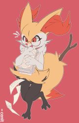Rule 34 | 1girl, animal ear fluff, animal ears, animal feet, animal hands, animal nose, artist name, black fur, body fur, braixen, cenit, claws, commission, creatures (company), dropping, fangs, feet, female focus, flat color, flying sweatdrops, fox ears, fox girl, fox tail, full body, furry, furry female, game freak, gen 6 pokemon, hands up, highres, knees together feet apart, leg up, legs, looking down, multicolored fur, neck fur, nintendo, open mouth, outline, paper, paper stack, pokemon, pokemon (creature), red background, red eyes, simple background, snout, solo, standing, standing on one leg, stick, tail, thigh gap, thighs, watermark, white fur, white outline, yellow fur